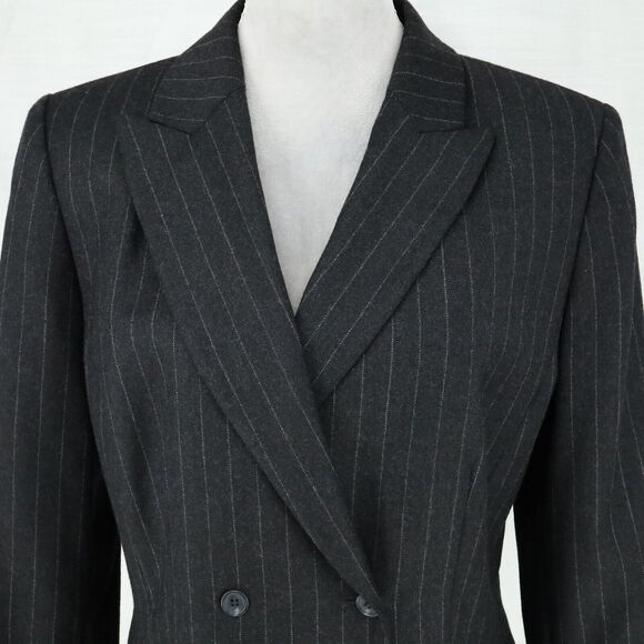 Anne Klein 2 Jacket Womens 12 Dark Gray Wool Pinstripe Double Breasted Lined - Picture 7 of 15